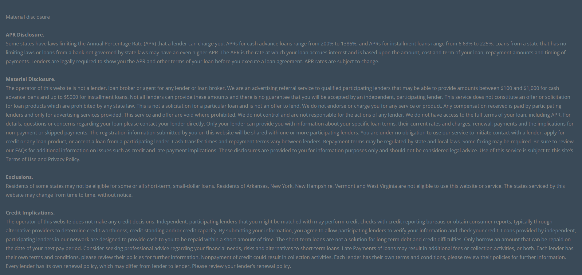 Material disclosure for payday loans in New Orleans Louisiana